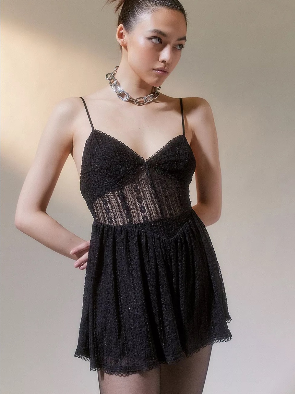 Urban Outfitters Black Lace Mini Dress with Sheer Waist Romper Size S